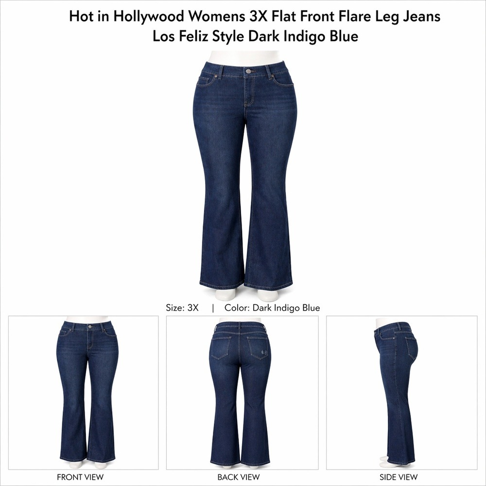 Hot in Hollywood Womens 3X Los Feliz Dark Indigo Blue Flat Front Flare Leg Jeans